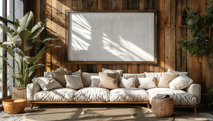 Wooden living room interior with white framed poster mockup and white sofa. Cozy beige interior with plant.