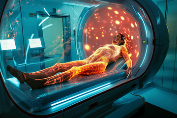 a patient in a diagnostic pod with a 3d body scan projection above them, glowing highlights on areas of interest. - obrazy, fototapety, plakaty