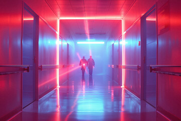 an emergency room entrance with a streak of light leading in, conveying urgency and immediate care. - obrazy, fototapety, plakaty