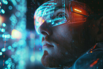 an entrepreneur wearing ar glasses, with data streams visible and glowing around them as they analyze market trends.