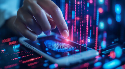 Biometric security network, privacy data protection. Woman fingerprint identification on mobile phone to access personal financial data, mobile banking app, cybersecurity technology