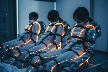 a rehabilitation center with exoskeleton suits that have glowing joints, indicating the movements and progress of the patients.