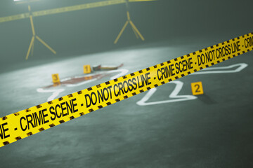 Forensic Crime Scene with Yellow Caution Tape and Numbered Evidence Markers