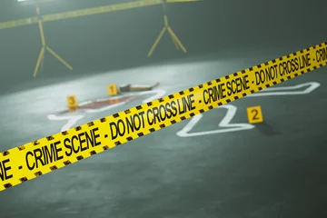 Foto op Plexiglas Forensic Crime Scene with Yellow Caution Tape and Numbered Evidence Markers © Dabarti