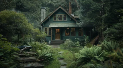 Selbstklebende Fototapeten A craftsman style house in a deep emerald green, with a backyard including a rustic log cabin playhouse and a natural stone sidewalk surrounded by a dense fern grove.  © Nusrat arts 