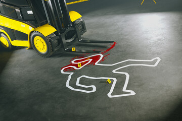 Mock Crime Scene in Warehouse with Evidence Markers by Forklift