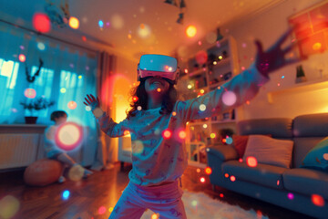 Fototapeta na wymiar children in a living room with interactive vr educational games, glowing objects floating around them.