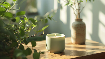 A calming sage green candle placed on a clean, wooden surface, bringing a natural element into the room. - Powered by Adobe
