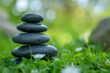 Fototapeta na wymiar Zen stones stack on green grass background