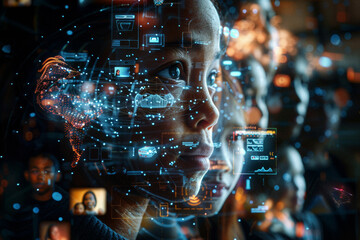 a family portrait where each member is connected by a digital thread, with their interests and personalities represented by icons and holograms around them.