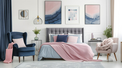 A chic bedroom with blush pink accents, showcasing clean-lined and colorful minimalistic furniture pieces.