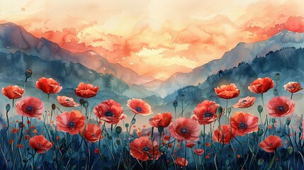 Watercolor painting of meadow with poppies and mountains at sunset. Digital watercolor painting. Printable wall art. Generative AI