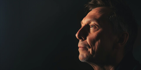 Side profile of a mature man with a contemplative gaze, highlighted by a warm, dramatic side light