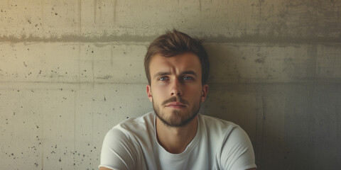 Contemplative young man with stubble in a white t-shirt, set against an industrial concrete backdrop