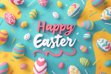 Happy Easter text decorated by Easter eggs in 3d style.
This Easter Quote  design is perfect for Easter greetings, cards, invitations, packaging, and  backgrounds. - obrazy, fototapety, plakaty