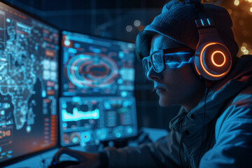 a live-streaming gamer with an interface that has glowing elements indicating viewer interactions and game stats.