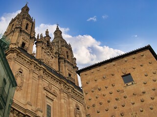 Salamanca, Spain, Casa de las Conchas and La Clerec&iacute;a church buildings in Salamanca, Spain, low angle view.
