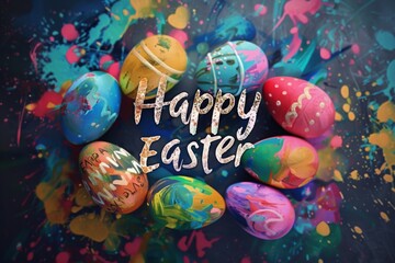 Obraz na płótnie Canvas Happy Easter text decorated with Easter eggs in modern style with splashes of paint. This Easter Quote design is perfect for Easter greetings, cards, invitations, packaging, and backgrounds.
