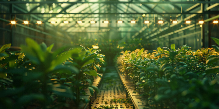 a greenhouse where each plant has a digital tag, glowing to show its growth stage and nutrient needs.