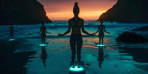 a beach yoga class where the tide gently glows with bioluminescent algae, matching the flow of the yoga poses.