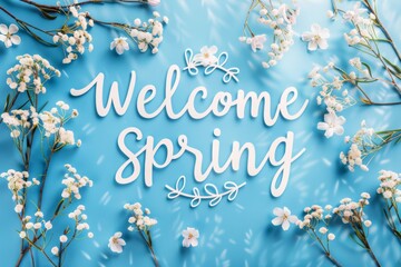 Fototapeta na wymiar Hand-drown Welcome Spring text decorated with florals. This Easter Quote design is perfect for Easter greetings, cards, invitations, packaging, and backgrounds.