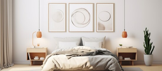 Interior poster mockup with dual vertical frames displayed on the bedroom wall