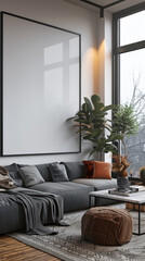 modern living room with wide white blank picture frame for mockup 