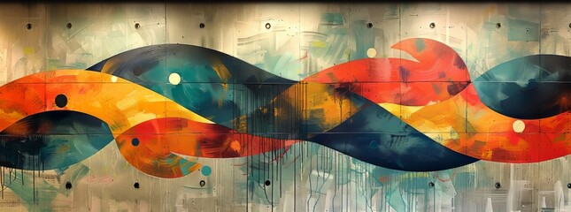 A vibrant abstract mural on wooden planks featuring fluid shapes in orange, red, blue, and green, evoking a sense of movement and artistic expression.