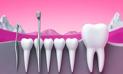 Healthy white teeth are smiling on pink background and dentist tools mirror, hook.