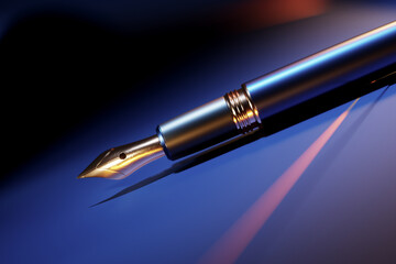 Sophisticated Fountain Pen Poised on a Vivid Blue Surface with Golden Accents
