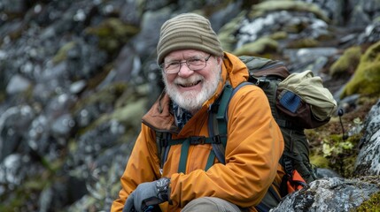Fototapeta premium Elderly man smiling during a hike