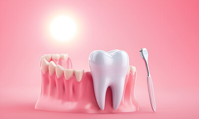 Healthy white teeth are smiling on pink background and dentist tools mirror, hook.