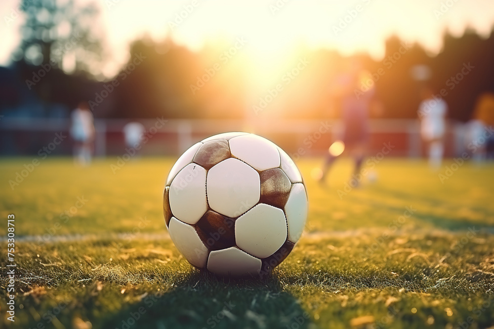 Wall mural After game. Closeup soccer ball on grass of football field at crowded stadium