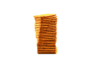 Pile of crackers with different seeds isolated on white background.