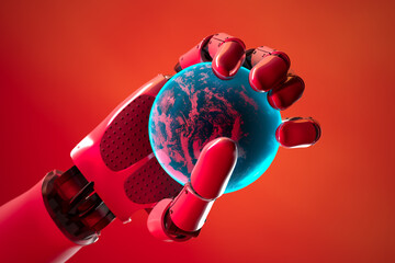 Red Robotic Hand Cradling a Stylized Earth - Symbol of Technological Dominion