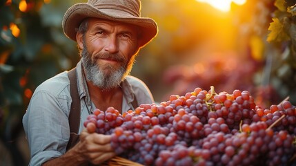 Cheerful bearded male farmer in glasses and hat smiling and inspecting bunch of fresh grapes