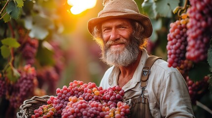 Cheerful bearded male farmer in glasses and hat smiling and inspecting bunch of fresh grapes