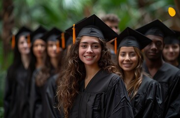 Happy graduates in academic dress and mortarboard hats standing in a row