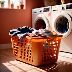 Laundry basket, clothes for wash, with washing machine in background - 753309199