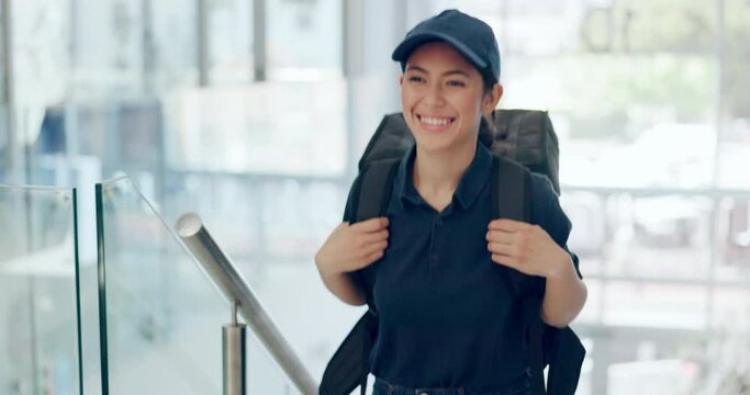 Office, delivery and courier on stairs with bag, walking and smile from woman in workplace. Wave, friendly and happy female person in career, ecommerce and restaurant of pizza, startup and business