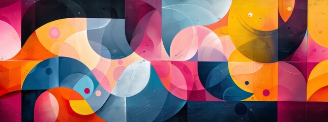 A mesmerizing abstract mural composed of overlapping circles and soft-edged shapes in a rich palette of pink, orange, yellow, and blue hues.