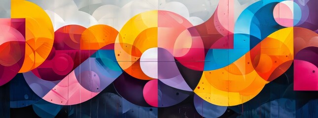 A mesmerizing abstract mural composed of overlapping circles and soft-edged shapes in a rich palette of pink, orange, yellow, and blue hues.