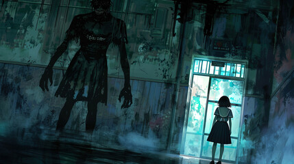 anime manga horror scene, digital illustration wallpaper, horror monster and school girls