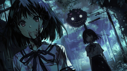 horror scenes, anime manga girls and monsters, school - obrazy, fototapety, plakaty