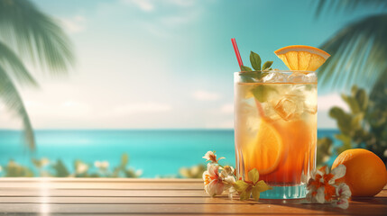 Tropical Orange Cocktail on Beach with Blue Sky and Palm Trees
 - obrazy, fototapety, plakaty