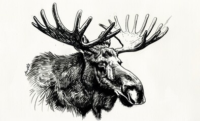 pen and ink sketch, moose with antlers, white background