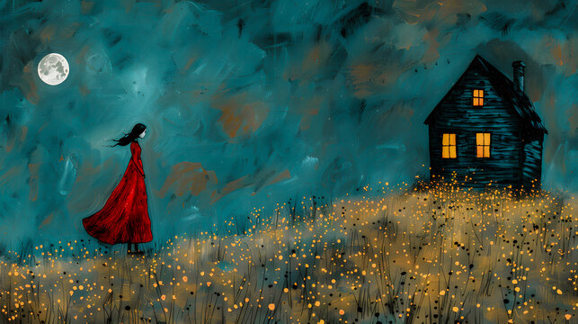 Fille avec une robe rouge marchant dans une prairie fleurie vers une maison un soir de pleine lune