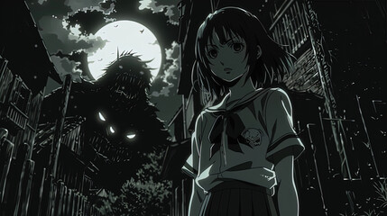 anime manga horror scene, digital illustration wallpaper, horror monster and school girls - obrazy, fototapety, plakaty
