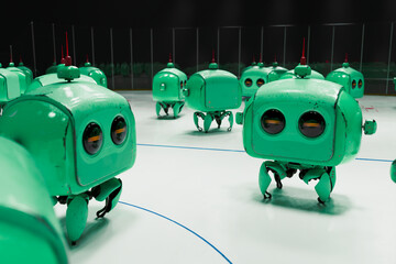 Vibrant Green Cartoon Robots in Line on Plain White Surface