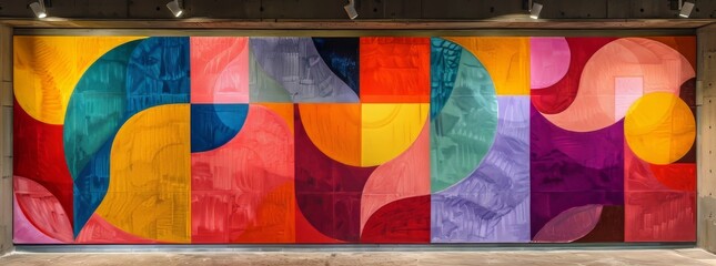 An eye-catching geometric mural with overlapping circles in vivid colors against a stark urban backdrop, highlighting the fusion of modern art and architecture.